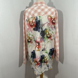 Creation Shirt Womens Large Pink Plaid Button Up Blouse Beach Vacation